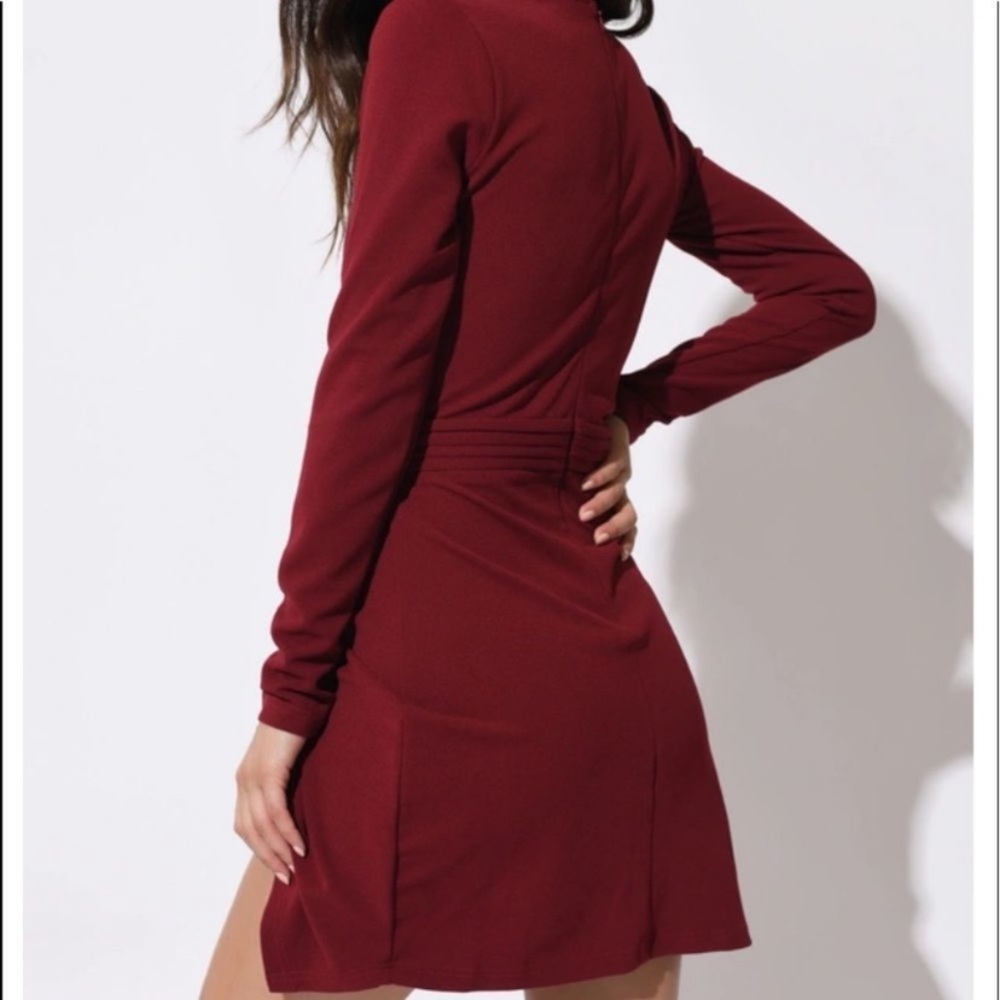 TOBI XS DRESS NWT AVA WINE bodycon deep v front split burgundy long sleeve - Picture 2 of 14